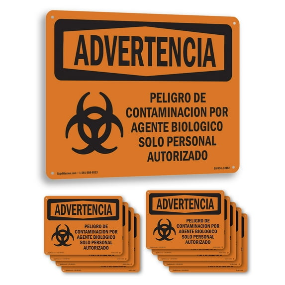 Biohazard Authorized Personnel Only Spanish OSHA WARNING Rigid Plastic Sign 10 Inch x 7 Inch - 10 Pack