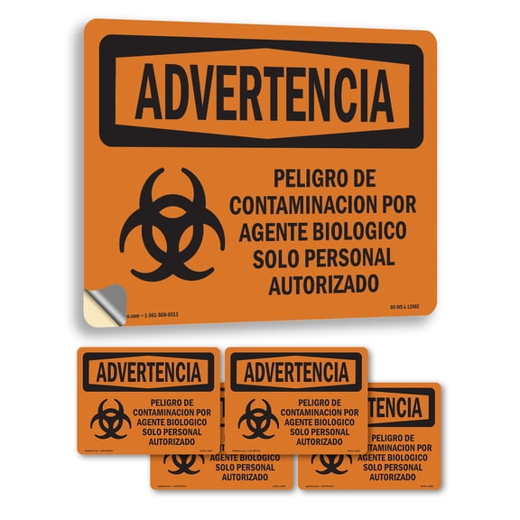 Biohazard Authorized Personnel Only Spanish OSHA WARNING Vinyl Decal Label 24 Inch x 18 Inch - 5 Pack