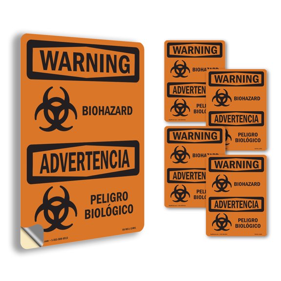 Biohazard Bilingual OSHA WARNING Vinyl Decal Label 18 Inch x 12 Inch - 5 Pack