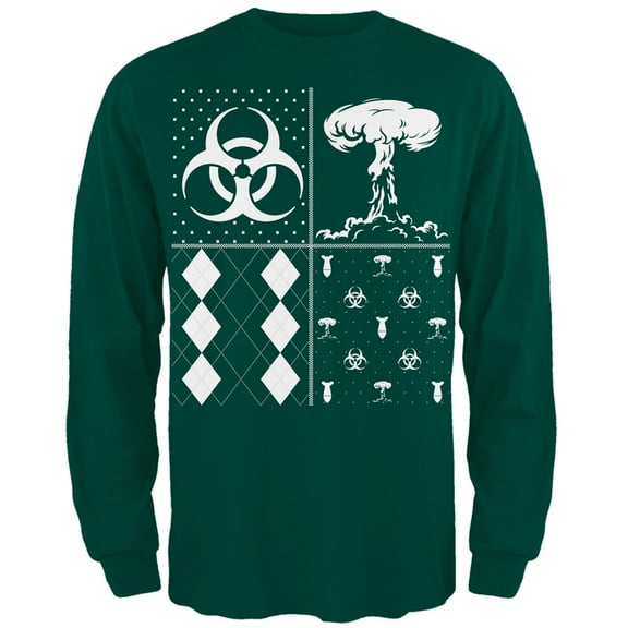 Biohazard Festive Blocks Ugly Christmas Sweater Dark Green Adult Long Sleeve T-Shirt - Small
