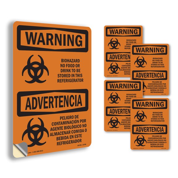 Biohazard No Food Or Drink Bilingual OSHA WARNING Vinyl Decal Label 5 Inch x 3.5 Inch - 5 Pack