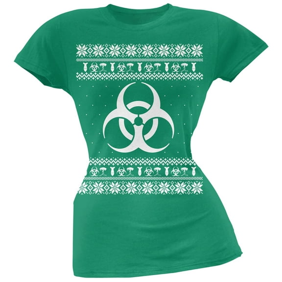 Biohazard Symbol Ugly Christmas Sweater Green Soft Juniors T-Shirt - Medium