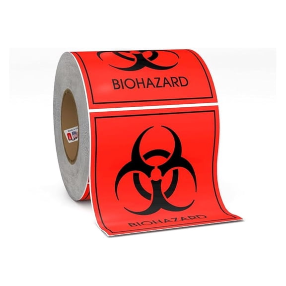 Biohazard Warning Labels 4" X 4" Inch Fluorescent Red-Orange Hazardous Stickers 250 Labels Per Roll for Medical and Industrial Use - XYX