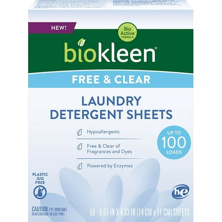 Biokleen Laundry Detergent Sheets - Free & Clear From Fragrances and Dyes, Hypoallergenic Enzymatic Cleaning, 50 Sheets - 100 Loads