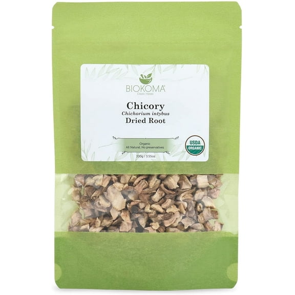 Biokoma Pure and Organic Biokoma Chicory Dried Root 100g (3.55 oz) In Resealable Moisture Proof Pouch, USDA Certified Organic - Herbal Tea, No Additives, No Preservatives, No GMO, Kosher