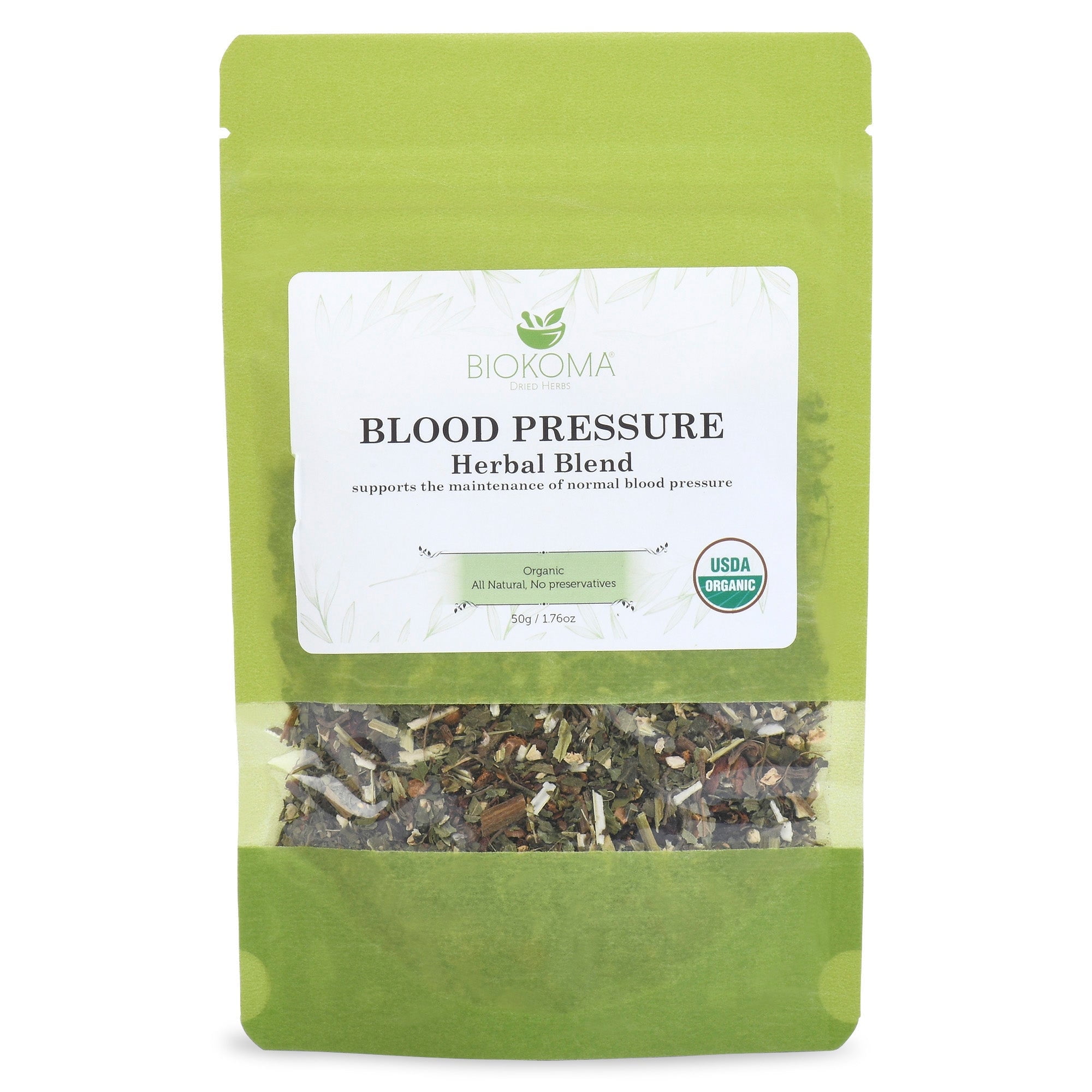 Biokoma Pure and Organic Blood Pressure Herbal Blend 50g 1.76oz in Resealable Moisture Proof Pouch, USDA Certified Organic - Herbal Tea, No Additives, No Preservatives, No GMO