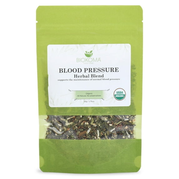 Biokoma Pure and Organic Blood Pressure Herbal Blend 50g 1.76oz in Resealable Moisture Proof Pouch, USDA Certified Organic - Herbal Tea, No Additives, No Preservatives, No GMO
