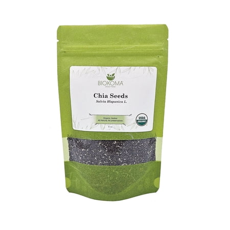 Biokoma Pure and Organic Chia (Salvia Hispanica L.) Seeds 8oz In Resealable Moisture Proof Pouch, USDA Certified Organic - No Additives, No Preservatives, No GMO, Kosher