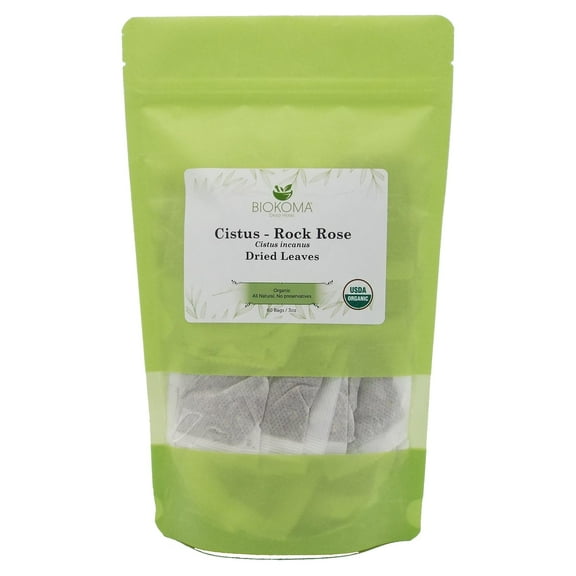 Biokoma Pure and Organic Cistus Rock Rose (Cistus incanus) Dried Leaves 60 Tea Bags Turkish In Resealable Moisture Proof Pouch USDA Certified Organic Herbal Tea No Additives No Preservatives, Kosher