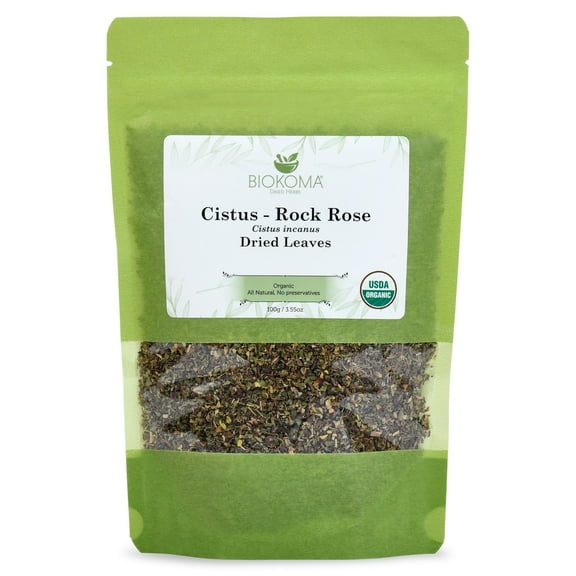 Biokoma Pure and Organic Cistus - Rock Rose Natural Dried Leaves in Resealable Pack Moisture Proof Pouch 100g USDA Certified Organic-Herbal Tea, No Additives,No Preservatives,No GMO, Kosher