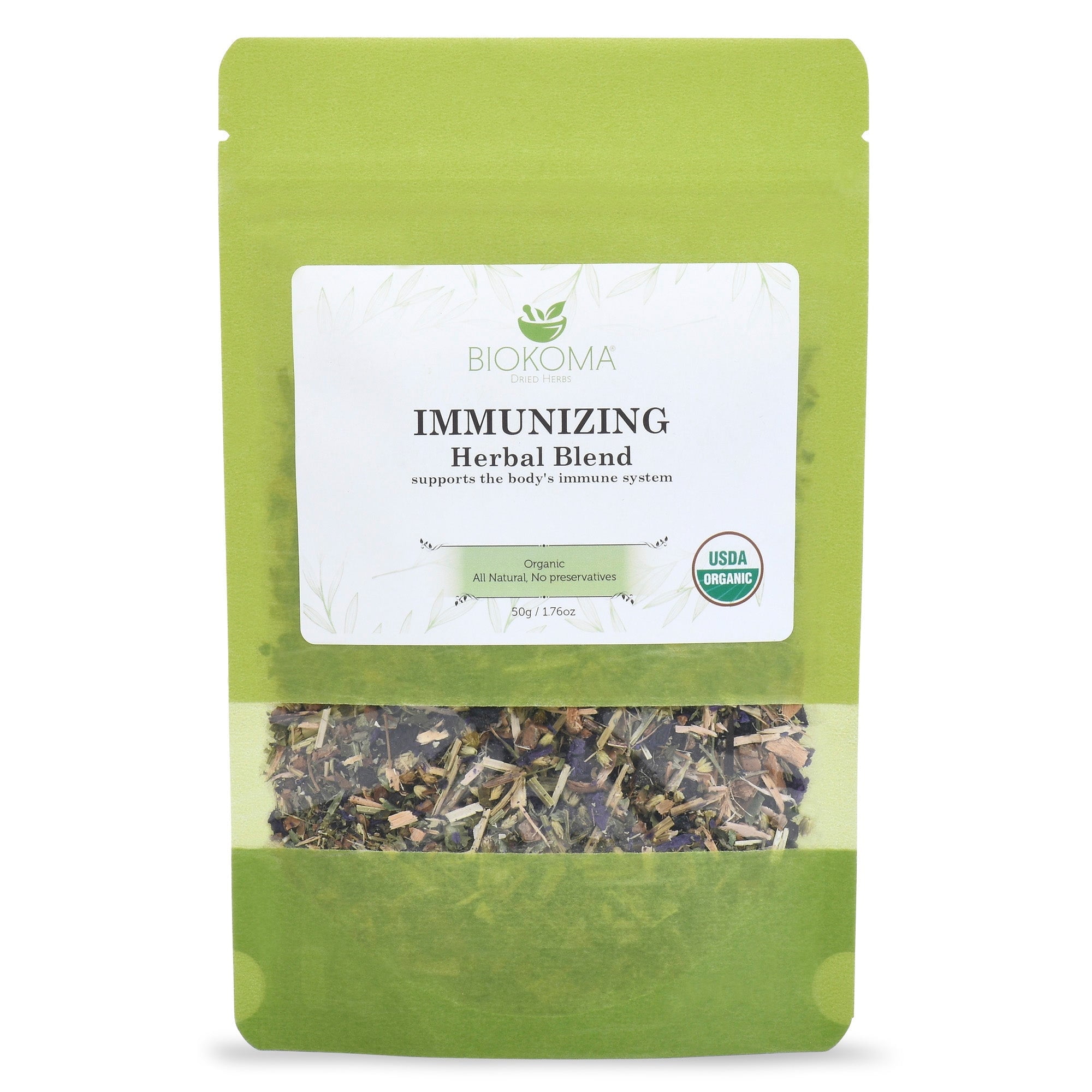 Biokoma Pure and Organic Immunizing 50g 1.76oz Herbal Blend in Resealable Moisture Proof Pouch, USDA Certified Organic - Herbal Tea, No Additives, No Preservatives, No GMO