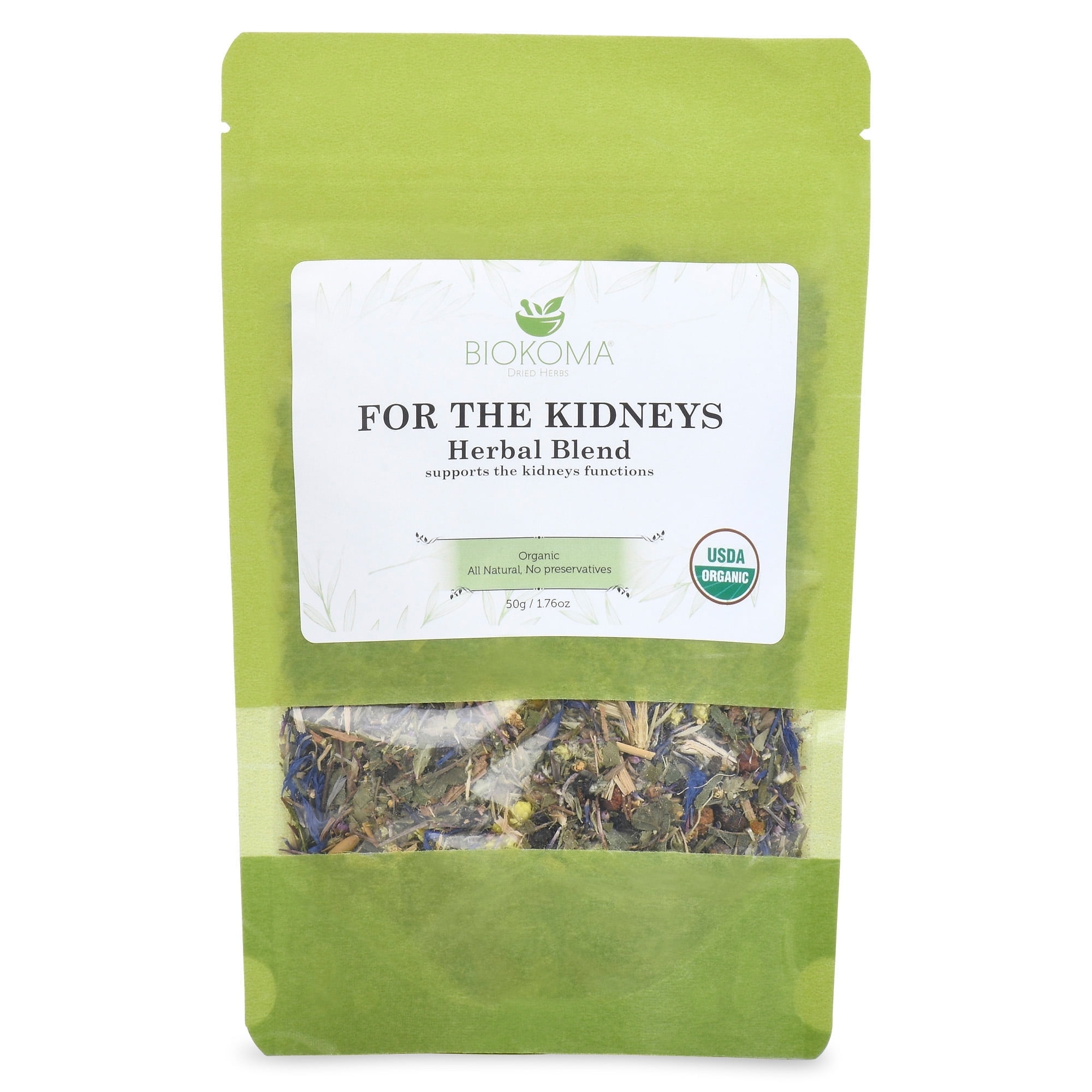Image showcasing Biokoma Pure and Organic for The Kidneys 50g 1.76oz Herbal Blend in Resealable Moisture Proof ...