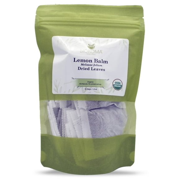 Biokoma Pure and Organic Lemon Balm (Melissae folium) Dried Leaves 30 Tea Bags 1.5oz In Resealable Moisture Proof Pouch,USDA Certified Organic-Herbal Tea,No Additives,No Preservatives, No GMO, Kosher