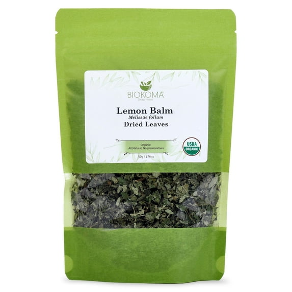 Biokoma Pure and Organic Lemon Balm (Melissae folium) Dried Leaves 50g (1.76oz) In Resealable Moisture Proof Pouch, USDA Certified Organic - Herbal Tea, No Additives, No Preservatives, No GMO, Kosher