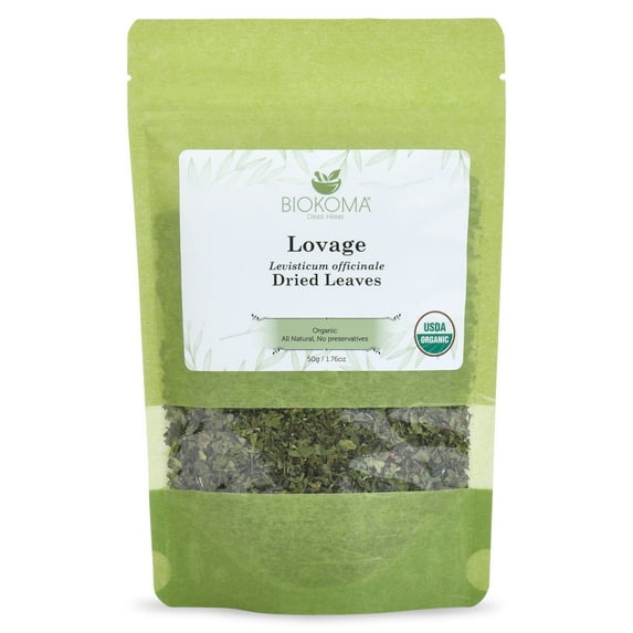 Biokoma Pure and Organic Lovage Dried Leaves 50g (1.76oz) In Resealable Moisture Proof Pouch, USDA Certified Organic - Herbal Tea, No Additives, No Preservatives, No GMO, Kosher