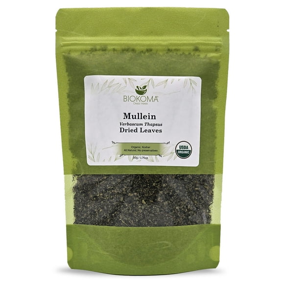 Biokoma Pure and Organic Mullein Dried Leaves 50g (1.76oz) in Resealable Moisture Proof Pouch, USDA Certified Organic - Herbal Tea, No Additives, No Preservatives, No GMO, Kosher