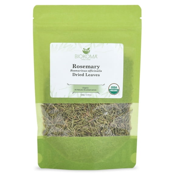 Biokoma Pure and Organic Rosemary Dried Leaves 100g (3.55oz) In Resealable Moisture Proof Pouch, USDA Certified Organic - Herbal Tea, No Additives, No Preservatives, No GMO, Kosher