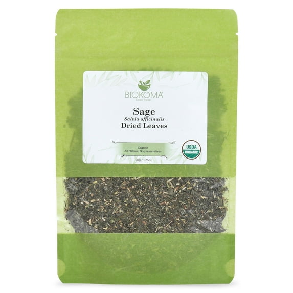Biokoma Pure and Organic Sage Dried Leaves 50g (1.76oz) In Resealable Moisture Proof Pouch, USDA Certified Organic - Herbal Tea, No Additives, No Preservatives, No GMO, Kosher