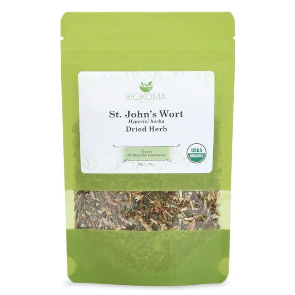 Biokoma Pure and Organic St. John’s Wort Dried Herb 50g (1.76oz) in Resealable Moisture Proof Pouch, USDA Certified Organic - Herbal Tea, No Additives, No Preservatives, No GMO, Kosher
