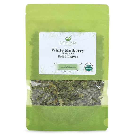 Biokoma Pure and Organic White Mulberry Dried Leaves 50g (1.76oz) In Resealable Moisture Proof Pouch, USDA Certified Organic - Herbal Tea, No Additives, No Preservatives, No GMO, Kosher