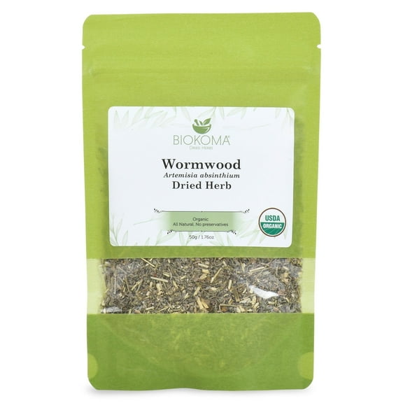 Biokoma Pure and Organic Wormwood Dried Herb 50g (1.76oz) In Resealable Moisture Proof Pouch, USDA Certified Organic - Herbal Tea, No Additives, No Preservatives, No GMO, Kosher