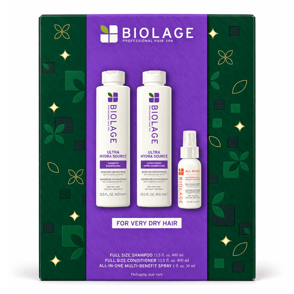 Biolage Ultra Hydra Source Hair Care Set, Shampoo, Conditioner and All-In-One Multi-Benefit Spray, For Very Dry Hair, 3-Piece Set