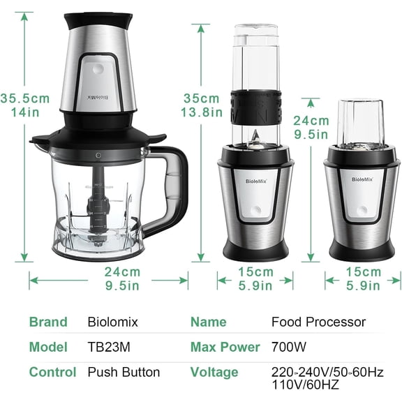 BioloMix Blender and Food Processor Combo, 700W Portable Juicer, Personal Blender, Meat Grinder, Food Processor, Coffee Spice Grinder, Meat Chopper, Smoothies, Fruits Mixer