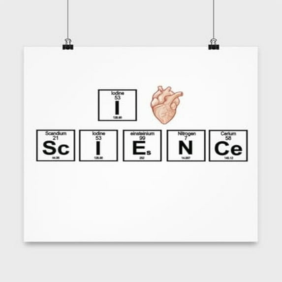 Biology Poster, I Heart Science, Chemistry Wall Art Gift, White 13x13in Poster