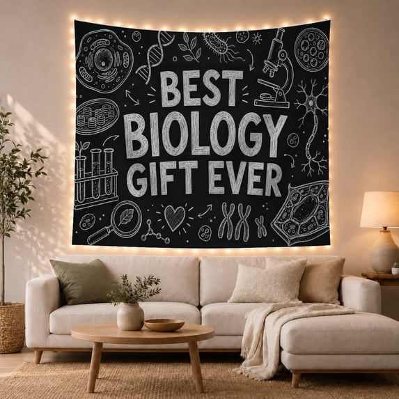 Biology Quote with Lab Sketches on Black Chalkboard, Playful Illustration for Biology Fans, Science Wall Art, Graduation Gift, Tapestry Wall Hanging for Study Room and Dorm