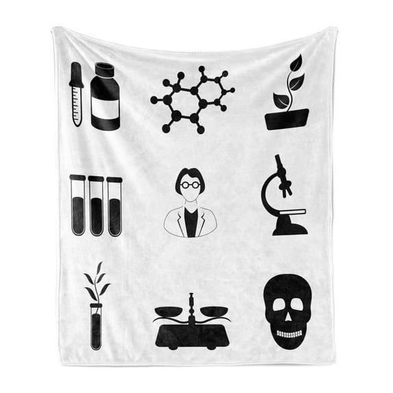 Biology Soft Flannel Fleece Blanket, Monochromatic Composition of Science Chemistry Biological Related Motifs, Cozy Plush for Indoor and Outdoor Use, 60" x 80", White Charcoal Grey, by Ambesonne