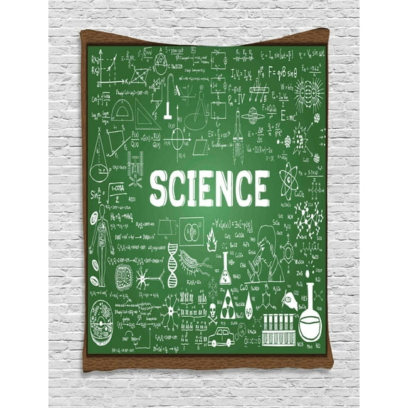 Biology Tapestry, Hand-drawn Science Word on Board School Education Classroom Graphic, Wall Hanging for Bedroom Living Room Dorm Decor, 60"W X 80"L, Green Brown and White, by Ambesonne