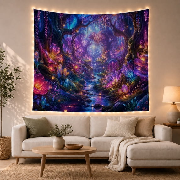 Bioluminescent Forest with Glowing Flora and Floating Orbs, Mystical Fantasy for Fantasy Lovers, Enchanted Wall Art, Housewarming Gift, Tapestry Wall Hanging for Bedroom and Living Room