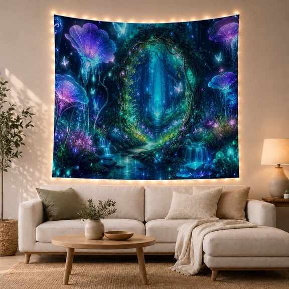 Bioluminescent Forest With Glowing Stream and Vine Archway, Whimsical Fantasy Art for Nature Lovers, Mystical Forest Decor, Housewarming Gift, Tapestry Wall Hanging for Bedroom and Living Room