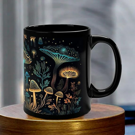 Bioluminescent Fungi Mug - 15 oz Ceramic Coffee Cup with Glow-in-the-Dark Mushroom Design, Novelty Gift for Nature Lovers, Dishwasher Safe
