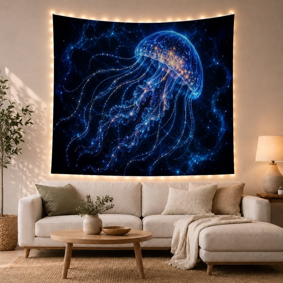 Bioluminescent Jellyfish in Cosmic Deep Space, Mystical Celestial Theme for Ocean Lovers & Space Enthusiasts, Celestial Home Decor Halloween Gift Tapestry Wall Hanging for Bedroom, Living Room
