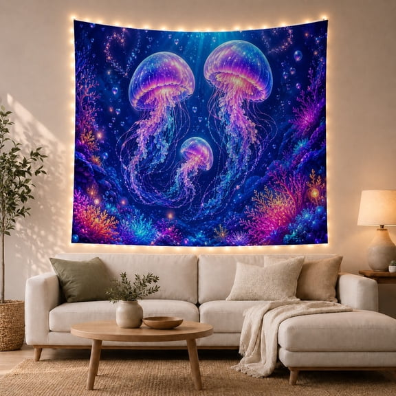 Bioluminescent Jellyfish in Deep Sea, Dreamy Fantasy for Ocean Lovers, Magical Underwater Art Christmas Gift Tapestry Wall Hanging for Bedroom, Living Room