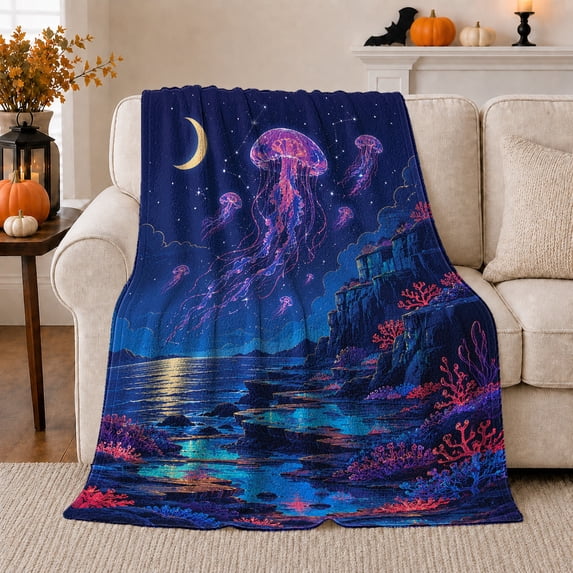 Bioluminescent Jellyfish Fantasy Night Scene, Peaceful Coastal Landscape Scene, Warm Flannel Blanket for Beach House and Living Room, Beach Lovers Housewarming Gift, Coastal Home Decor