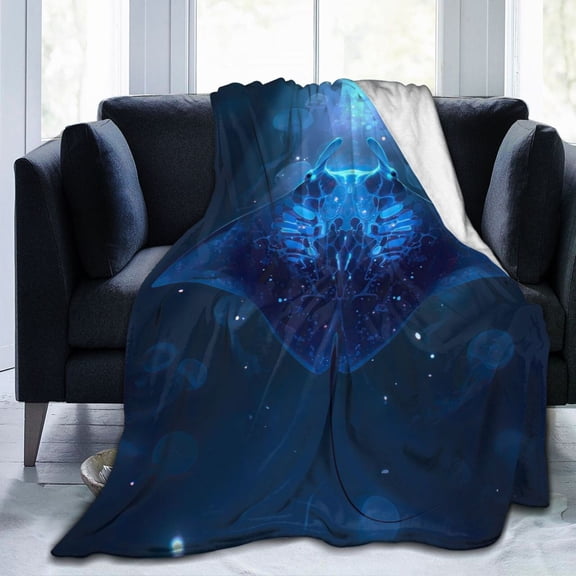 Bioluminescent Manta Ray Throw Blanket, Neon Blue Deep Ocean Art Soft Flannel Fleece, Modern Sci-Fi Decor for Gaming Room and Bedding 50x40