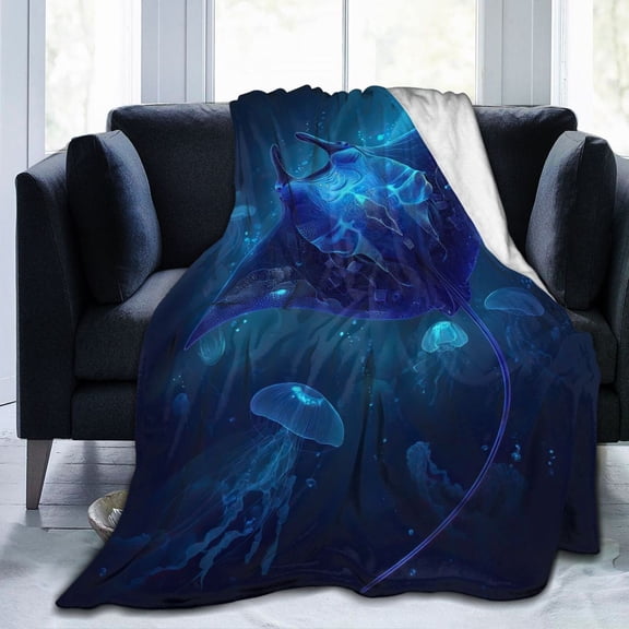 Bioluminescent Manta Ray Throw Blanket, Neon Blue Deep Ocean Art Soft Flannel Fleece, Modern Sci-Fi Decor for Gaming Room and Bedding 50x40