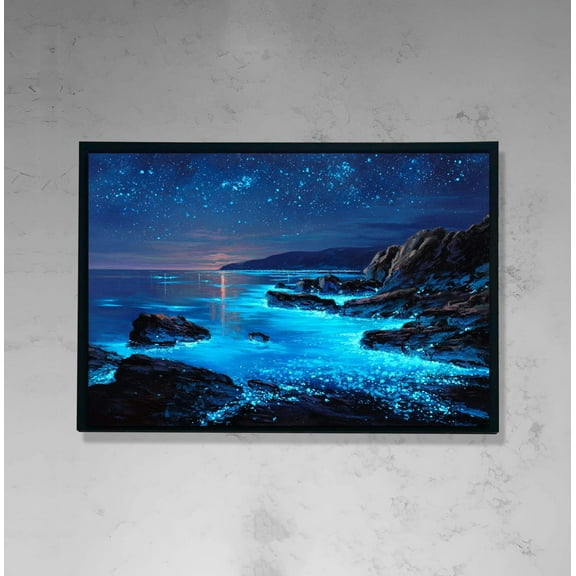 Bioluminescent Ocean Wall Art, Starry Night Seascape, Coastal Beach Landscape Artwork for Living Room or Bedroom Poster Decor, Size 8x12 UNFFRAMED F03.1.8l1647