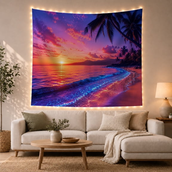 Bioluminescent Waves on a Sunset Beach with Palm Trees, Mystical Fantasy for Beach Lovers, Tropical Paradise Decor Housewarming Gift Tapestry Wall Hanging for Bedroom and Living Room
