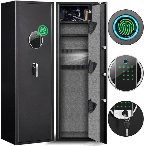Riflevault 5-8 Gun Capacity Biometric Safe, Steel Rifle & Shotgun Cabinet with Detachable Partition, Fast Access Alarm & Mute Mode