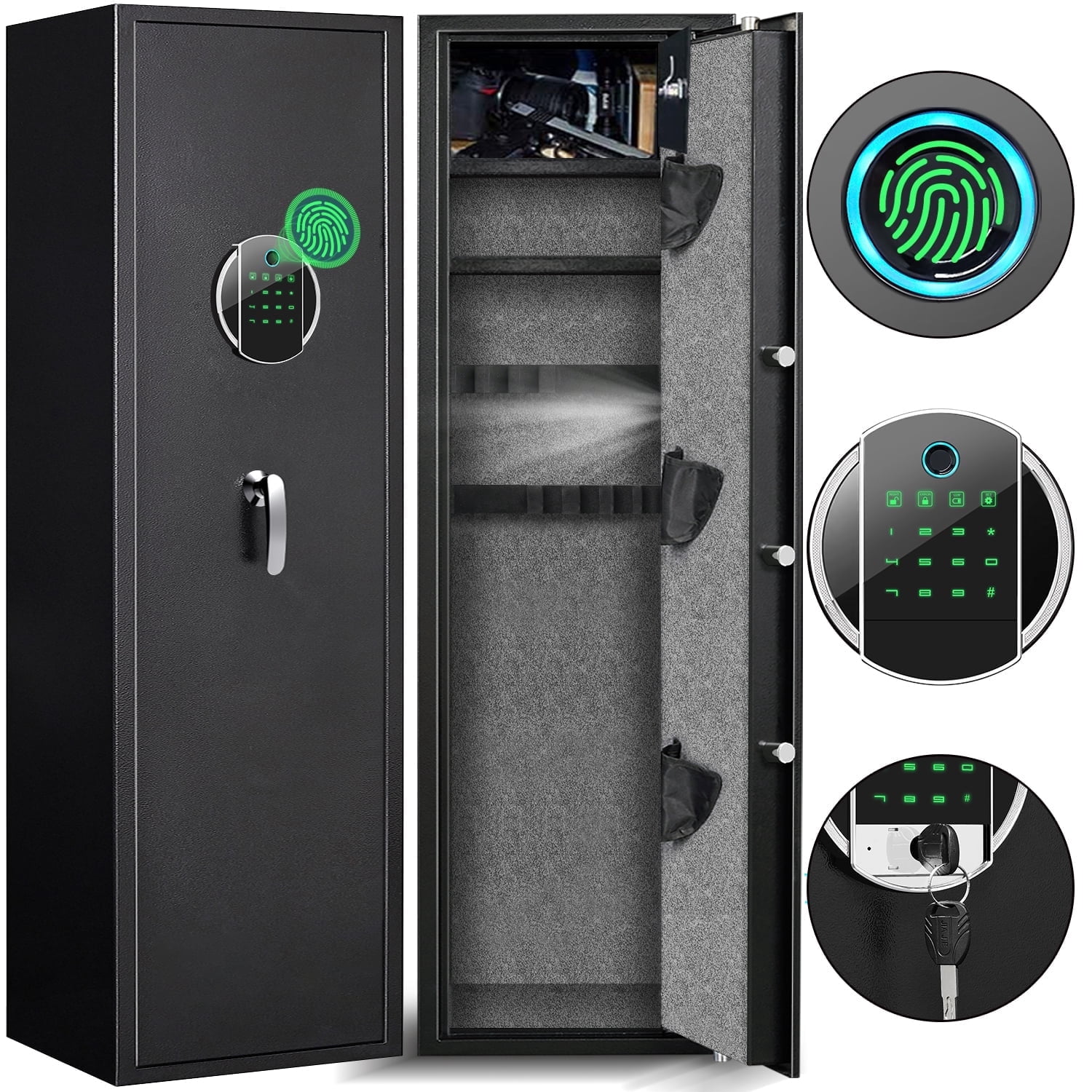 Riflevault 5-8 Gun Capacity Biometric Safe, Steel Rifle & Shotgun Cabinet with Detachable Partition, Fast Access Alarm & Mute Mode