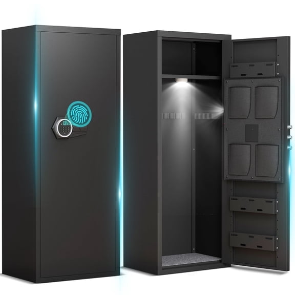 Riflevault 10-12 Gun Biometric Safe with Removable Shelf, Magnetic Slots & Induction Light, Large Rifle Cabinet with Storage Bag for Gun Storage