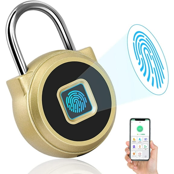 Biometric Fingerprint Padlock, Keyless Bluetooth Lock, Usb Charging, Waterproof, Suitable For Gym, Suitcase, Drawer, Home And School (Golden)