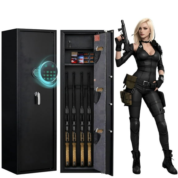 Biometric Firearm Safe for 8-12 Fingerprints, Quick Access Gun Cabinet with High Security Lock, Removable Interior Shelf, Anti-Pry Hinges, Black