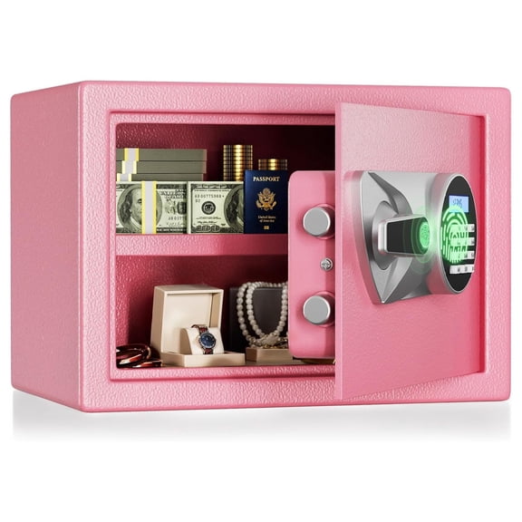 Biometric Home 1.0 Cubic Fingerprint Lock Box; 508 DPI Scanner, 50 Fingerprints, LCD Keypad; Pink Steel Security Box for Valuables, Passports, Cash with Alarm, Backup Keys, Type-C Cable