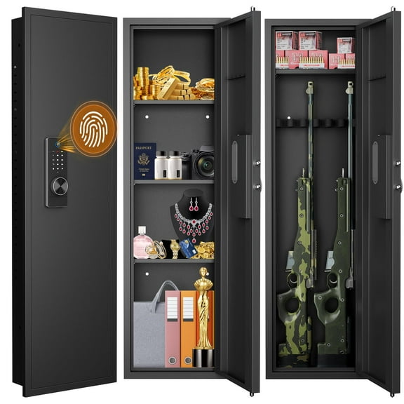 Biometric In Wall Safe for Firearms, Hidden Gun Cabinet Between 16" Studs, Heavy Duty Steel with 4 Unlocking Methods Dual Alarm Silent Mode (Black)