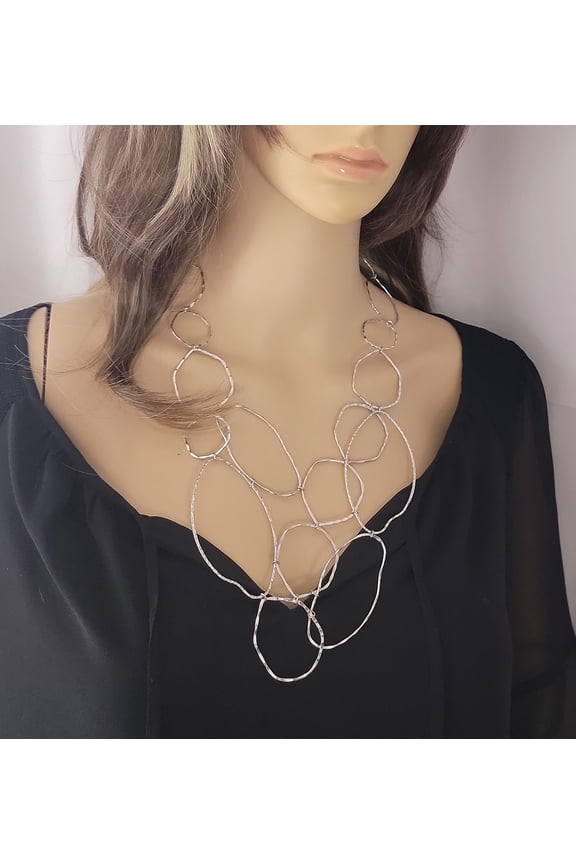 Biomorphic Large Link Silver Tone Ring Statement Necklace 19-21" Ladies Adult Female Women