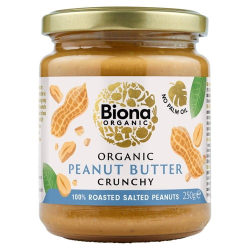 Biona Organic Peanut Butter Crunchy (free from Palm Fat) 250g, British Import (Pack of 2)